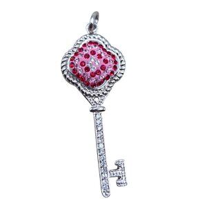 925 Sterling Silver Vintage Pink Crystal    Key Motif Pendant
